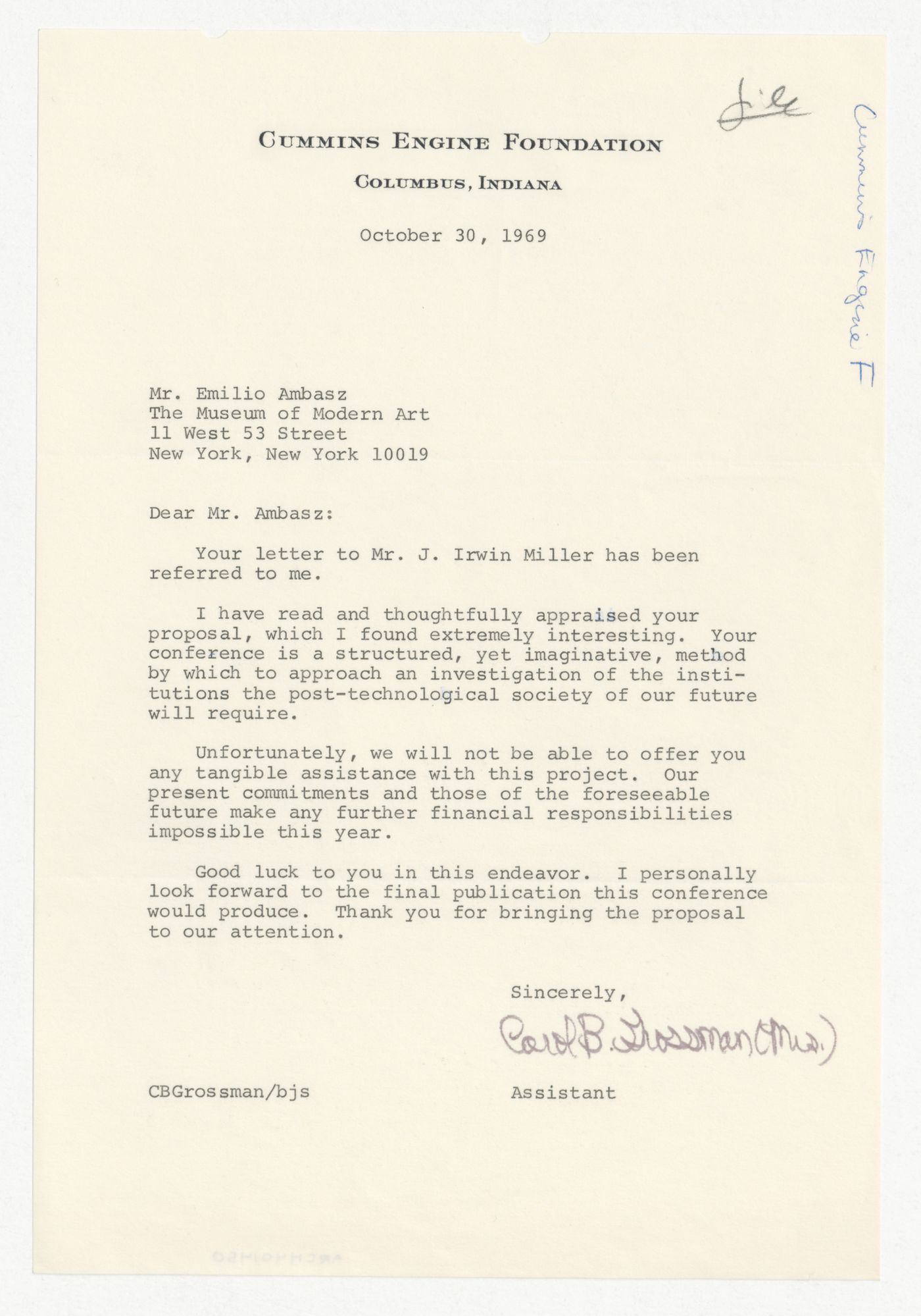Letter from Carol B. Grossman to Emilio Ambasz responding to proposal for Institutions for a Post-Technological Society conference