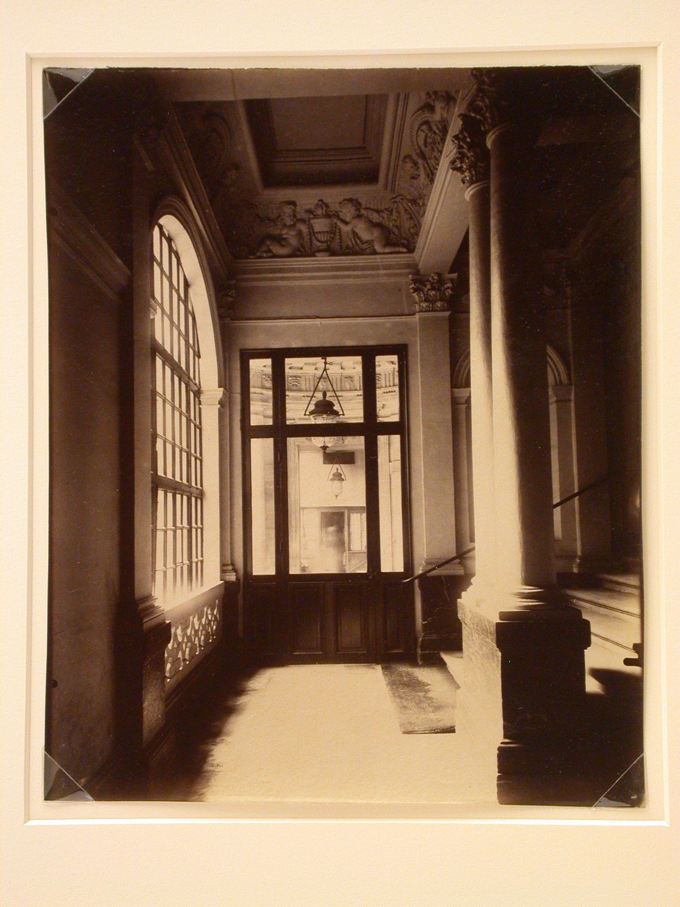 Hôtel de Beauvais: Interior view of entrance and stairs, looking out to courtyard entrance portico, Paris, France