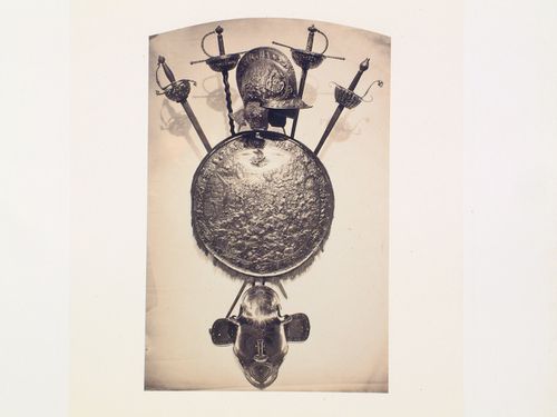 Display of shields, swords and equipment, Armoury, Tsarskoye Selo (now Pushkin), Russia