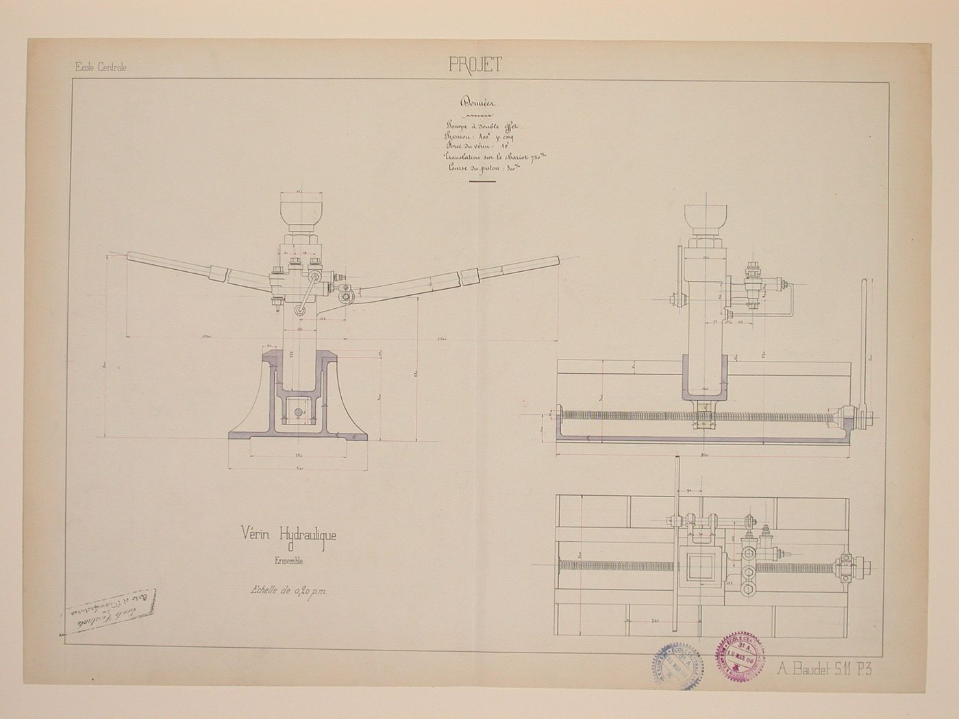Student engineering drawing: Plan, elevation, and section for a hydraulic jack