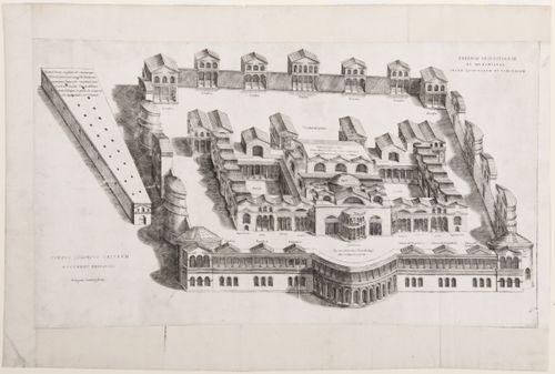 Bird's-eye perspective of Pirro Ligorio's reconstruction for the Baths of Diocletian, Rome