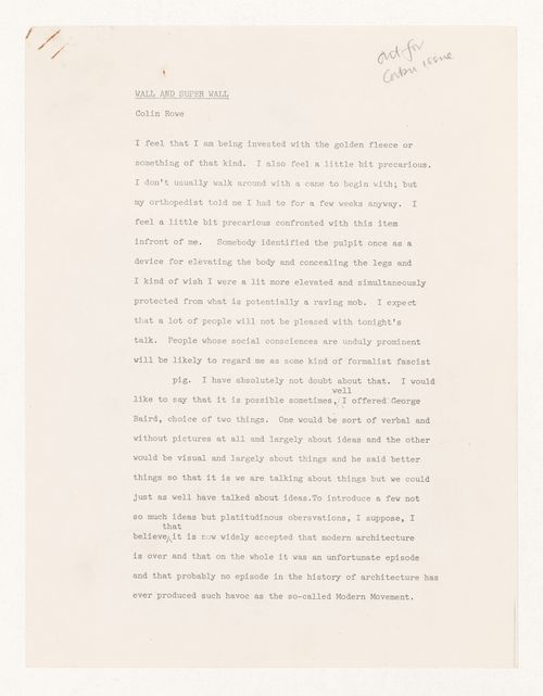 Essay titled "Wall and Super Wall" by Colin Rowe