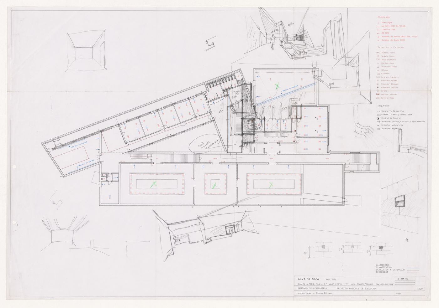 First floor plan and sketches for Centro Galego de Arte Contemporânea [Galician Centre of Contemporary Art], Santiago de Compostela, Spain