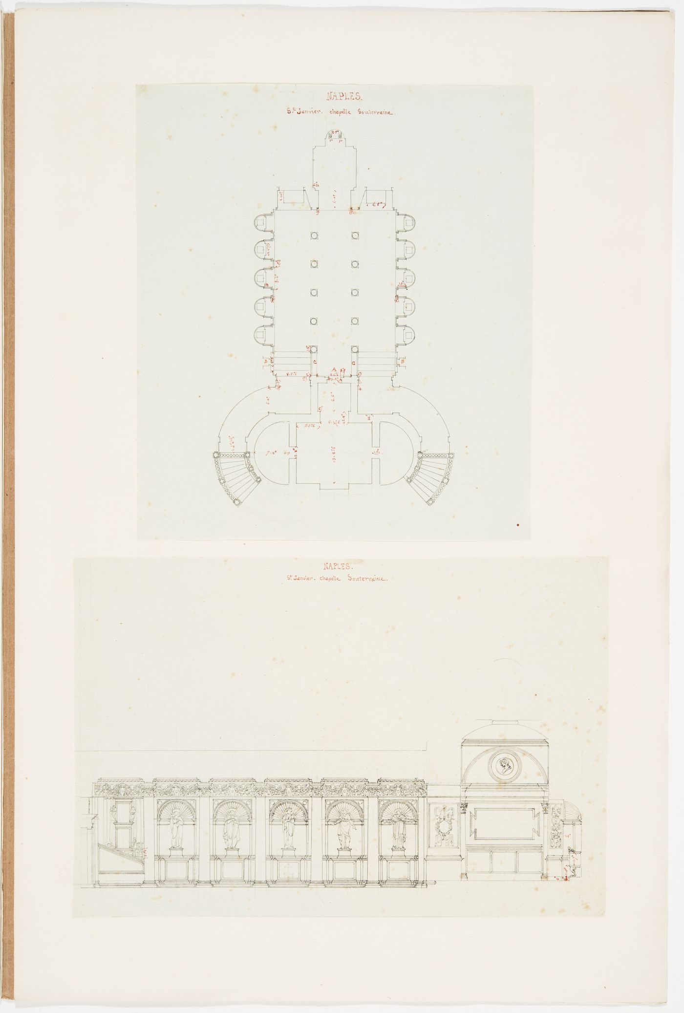 Ground plan of Cappella del Soccorso, Cathedral San Gennaro, Naples; Longitudinal section showing sculpture and details of the inter-columnar niches from Cappella del Soccorso, Cathedral San Gennaro, Naples