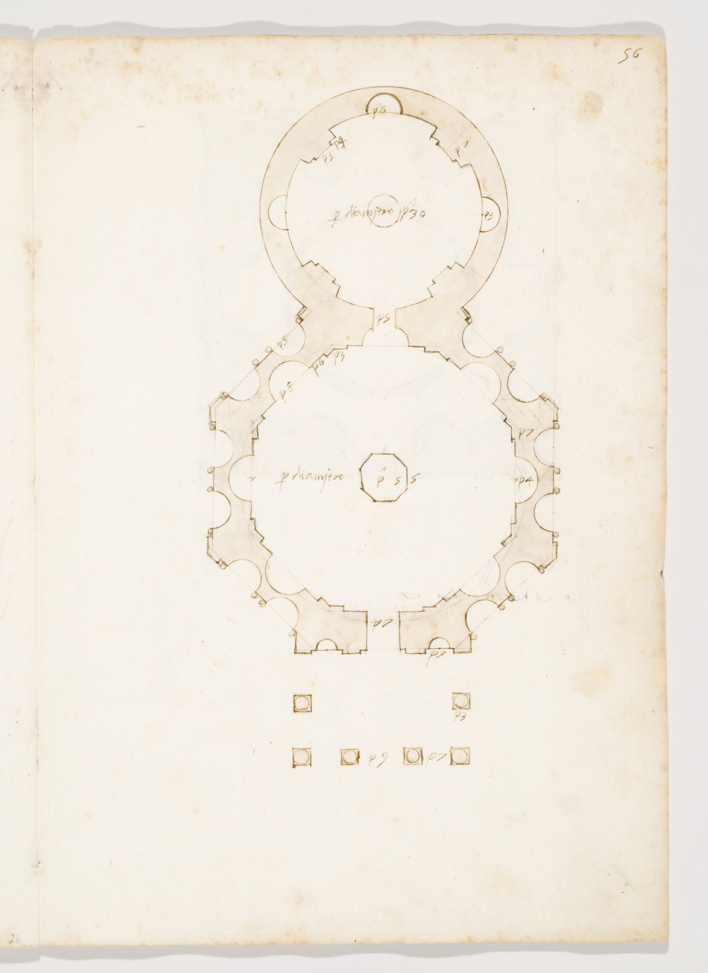 Plan of an unidentified octagonal building with a tetrastyle portico and a circular apsidal chamber