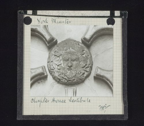 View of boss with foliate mask in vestibule of Chapter House of York Minster, York, North Yorkshire, England