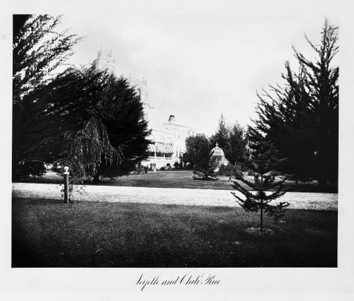 View of the exterior, house and grounds, Thurlow Lodge, Menlo Park, California