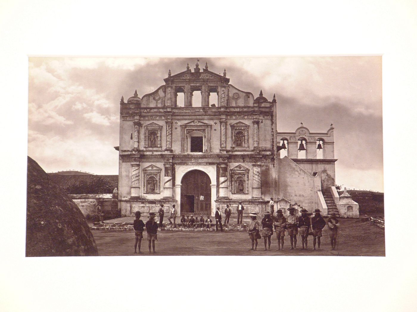 Church, exterior view with rows of people in front, Antigua, Guatemala
