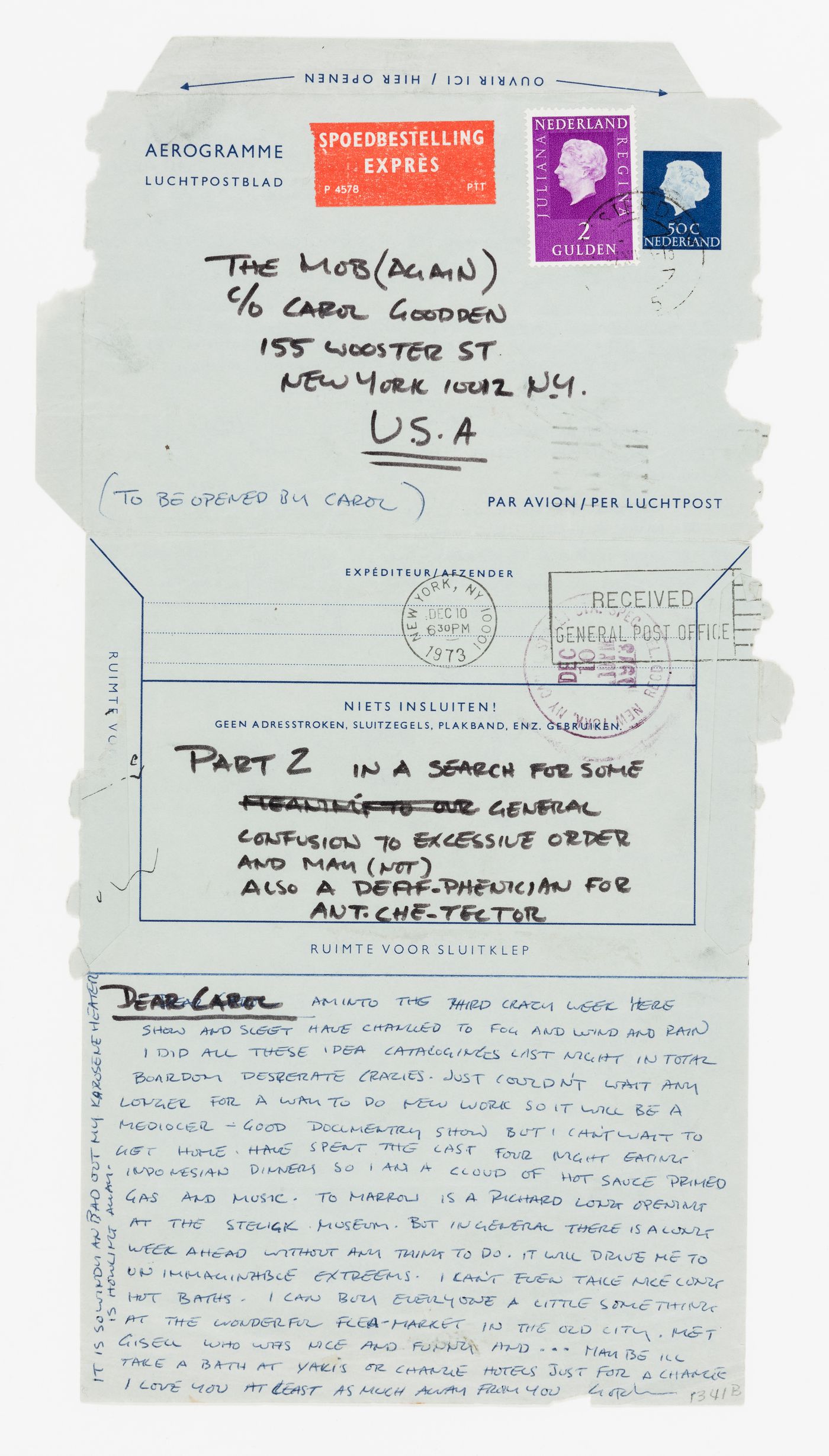 Letter from Gordon Matta-Clark to the Mob