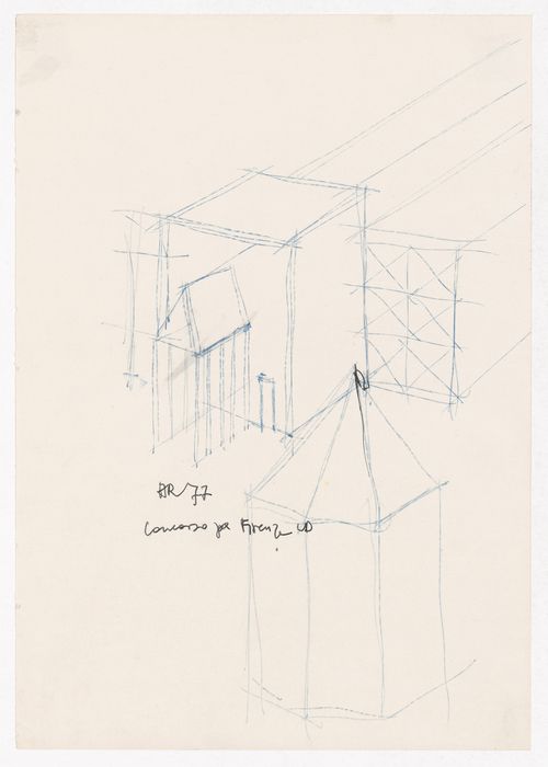 Sketch axonometric and perspective sketch for the tower [?], Centro Direzionale, Florence