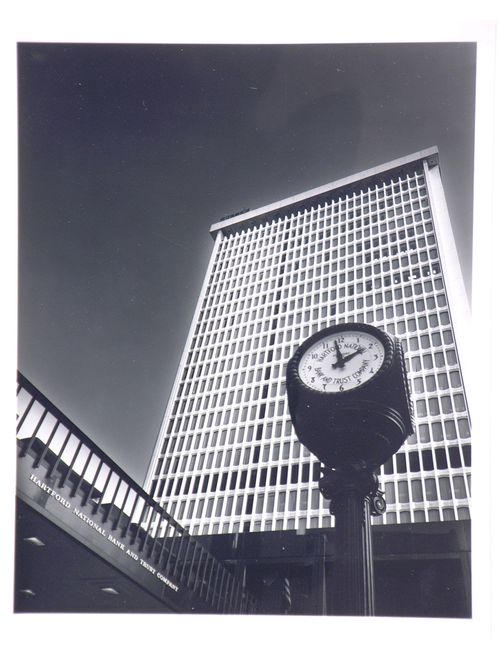 Angled view of the Hartford National Bank and Trust Company building from below with a clock, Hartford, Connecticut, United States