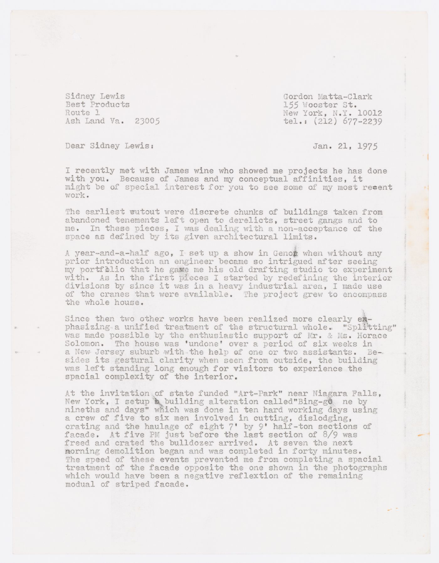 Letter from Gordon Matta-Clark to Sidney Lewis
