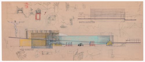 South and west elevations with sketches for Pahlavi National Library Competition, Tehran, Iran