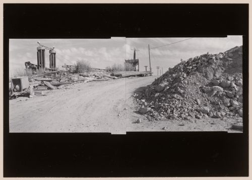 Panoramic composite photograph of a gravel road at the San Rafael Rock Quarry showing rubbish on the left, Point San Pedro, San Rafael, Marin County, California, United States