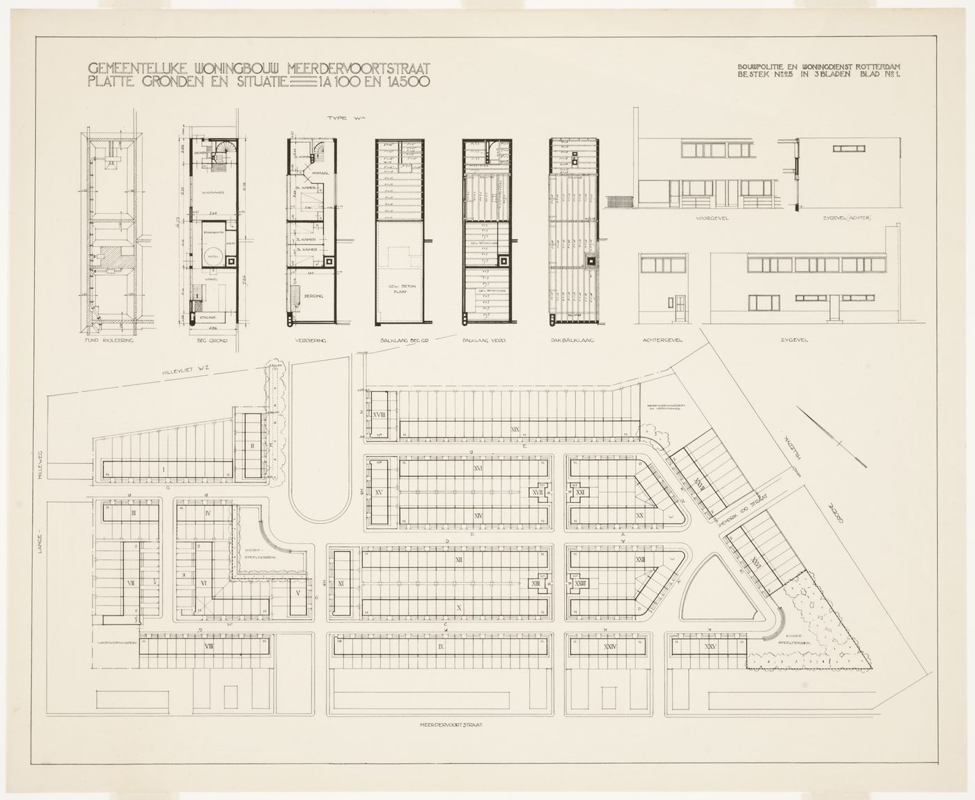 Site plan, plans, and elevations for a type WA housing unit for Kiefhoek Housing Estate, Meerdervoortstraat, Rotterdam, Netherlands