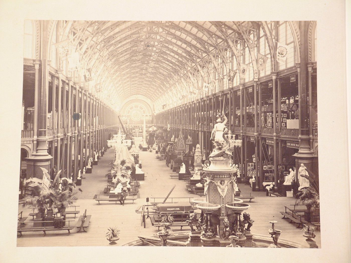International Exhibition, interior view of hall with fountain in foreground, London, England