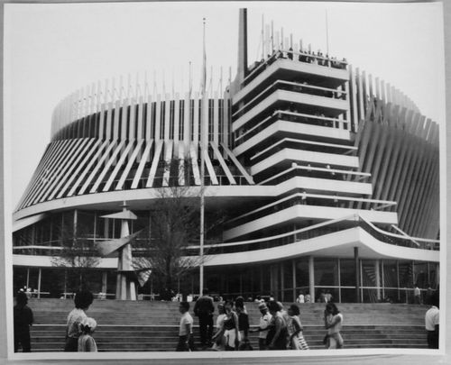 View of the Pavilion of France with the sculpture 'Obélisque oblique' by Henri-Georges Adam, Expo 67, Montréal, Québec
