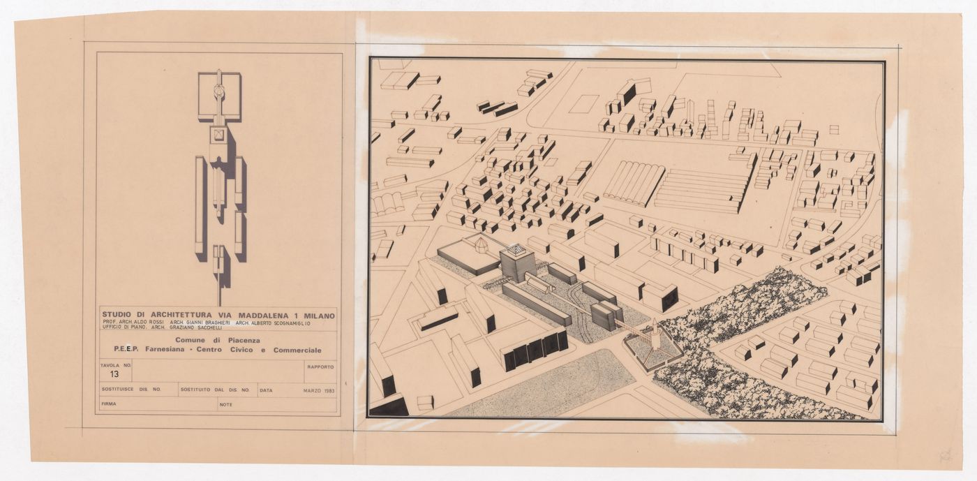Axonometric for Centro Civico Commerciale PEEP a Farnesiana di Piacenza