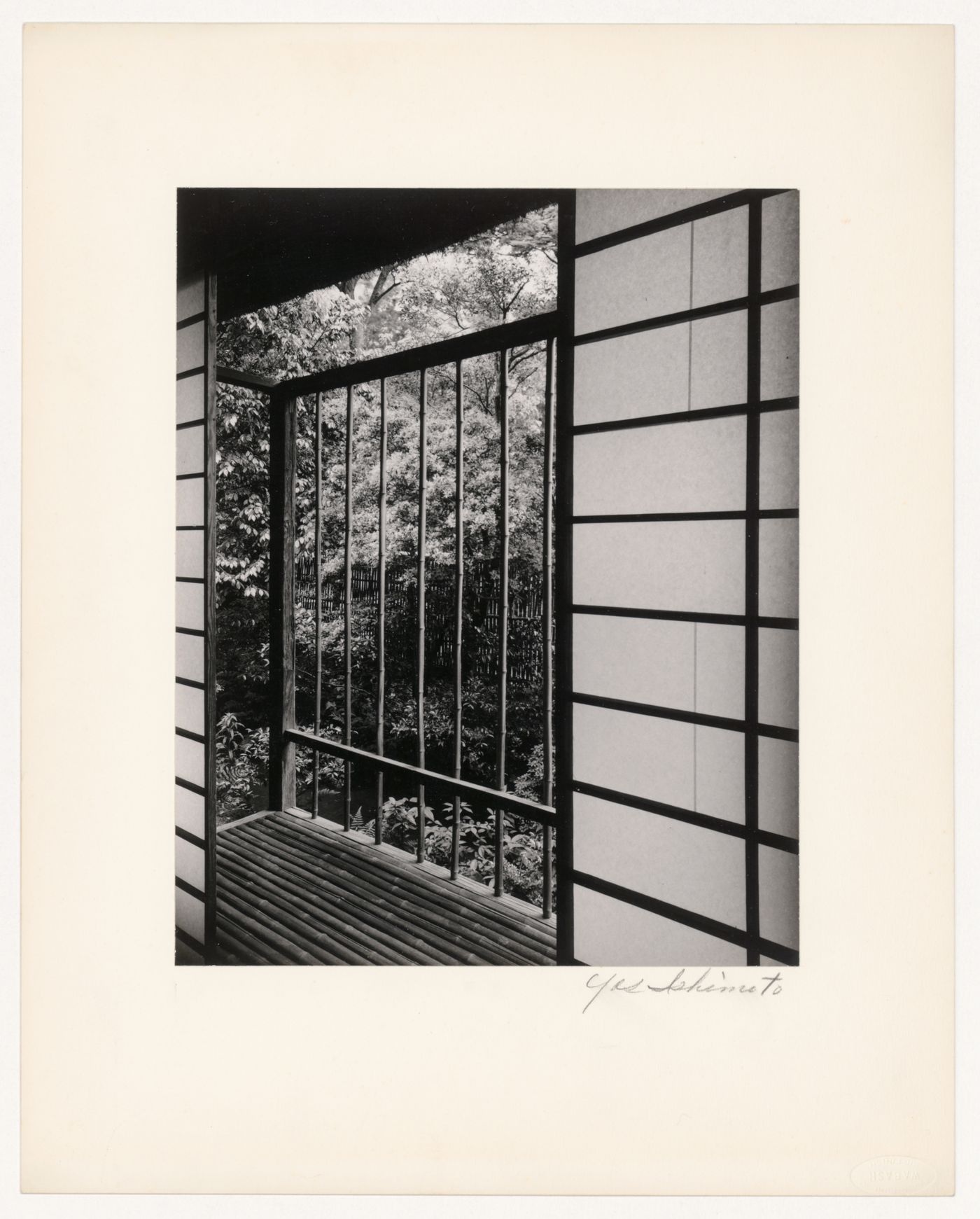 View of the doorway and the bamboo veranda on the south side of the Third Room (also known as the Anteroom) of the Shoiken, Katsura Rikyu (also known as Katsura Imperial Villa), Kyoto, Japan