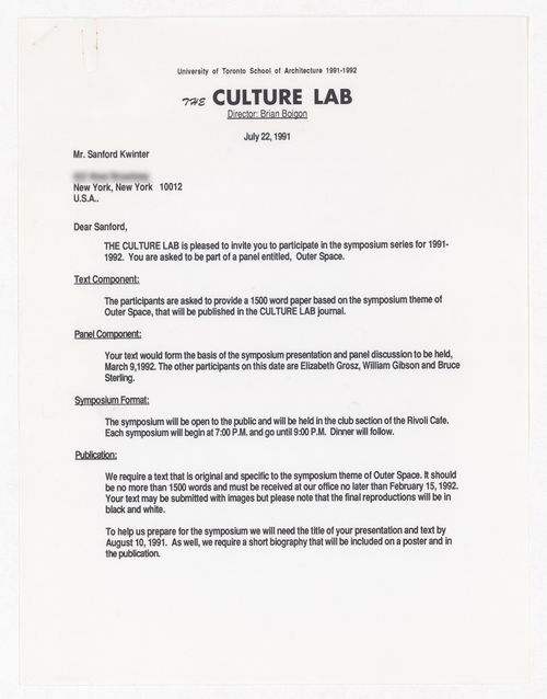 Invitation to Sanford Kwinter to participate in Culture Lab symposium series