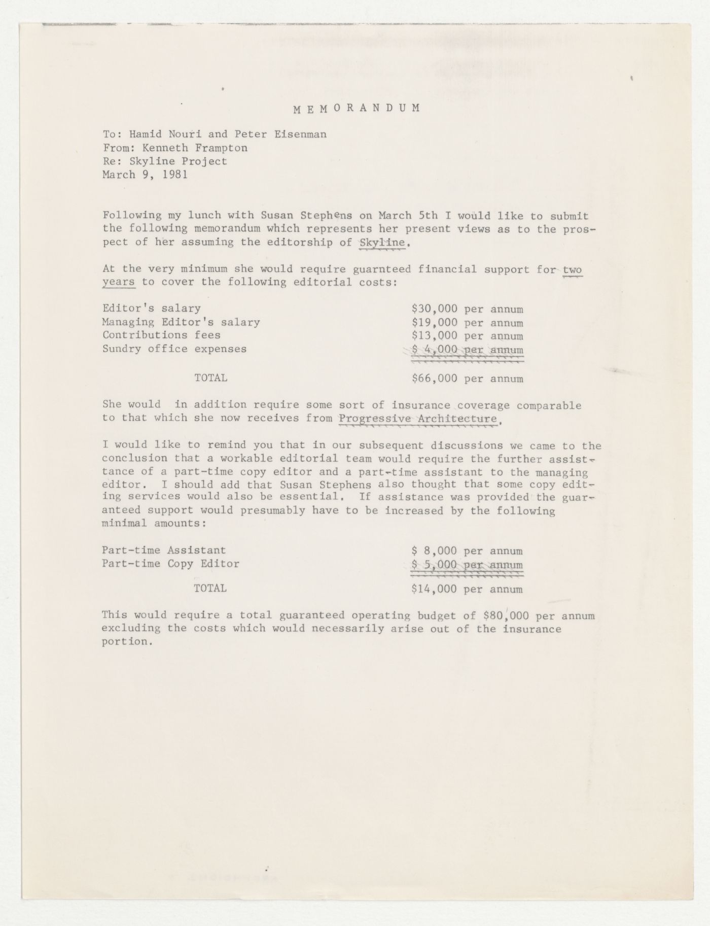 Memorandum from Kenneth Frampton to Hamid Nouri and Peter D. Eisenman about Skyline