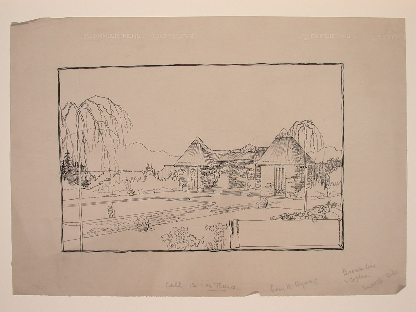 Sketch perspective for a bathhouse and swimming pool
