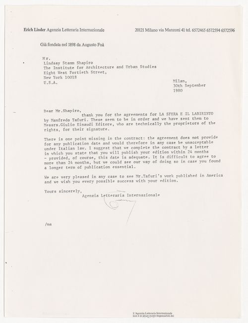 Letter from the Erich Linder to Lindsay Stamm Shapiro about publishing agreement for The Sphere and the Labyrinth by Manfredo Tafuri