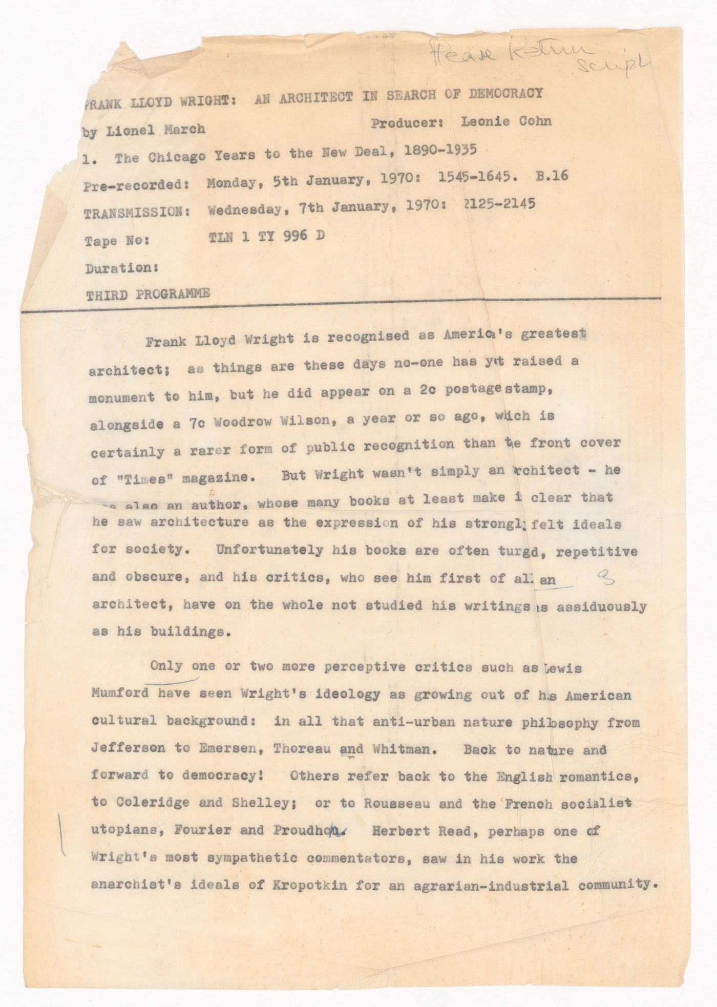 Draft transcription of radio broadcast lecture "Frank Lloyd Wright: an Architect in Search of Democracy" by Lionel March