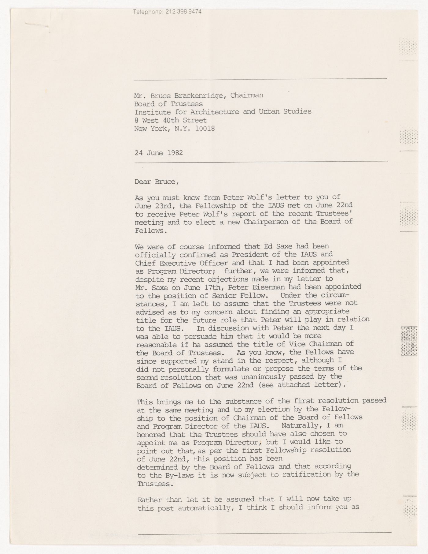 Memorandum from Kenneth Frampton to Bruce Brackenridge about Frampton assuming the position of Program Director