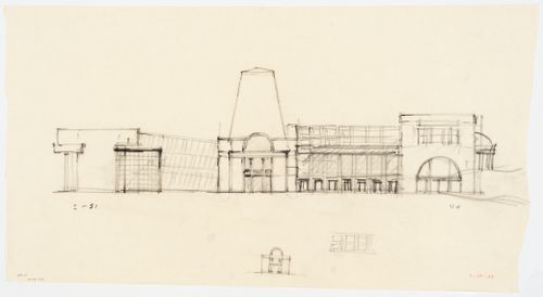South elevation with thumbnail sketches of the portico and upper-story windows for the Brooklyn Museum master plan, first phase