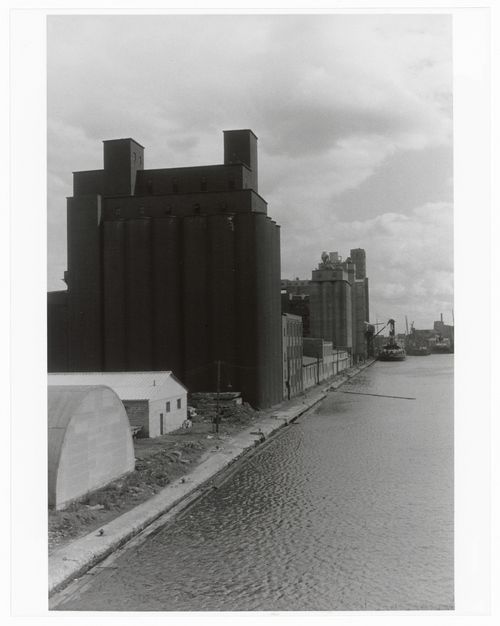 View of the Lachine Canal showing ships and industrial buildings, Montréal, Québec, Canada