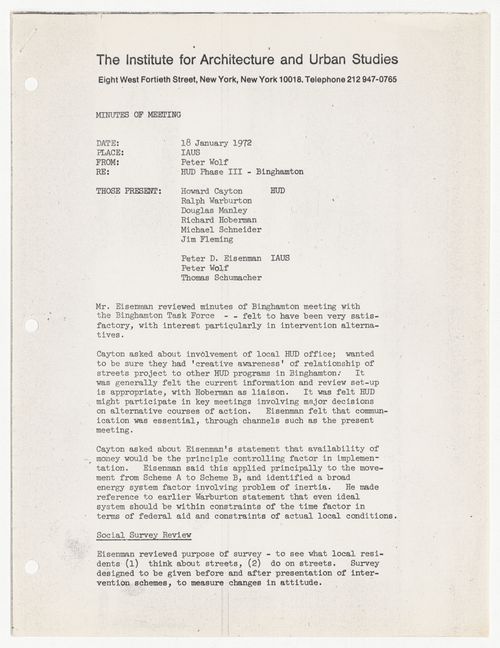 Meeting minutes about Department of Housing and Urban Development (HUD) phase III, Binghamton Street Study