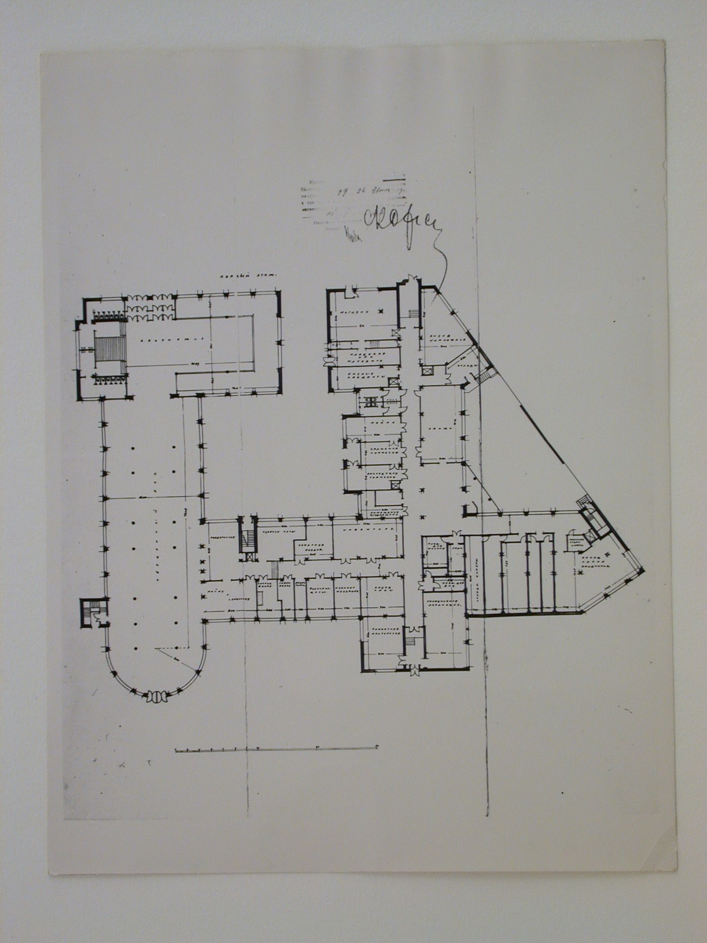 Photograph of a first floor plan for the Vasileostrovskaya Mechanized canteen, Leningrad (now Saint Petersburg)