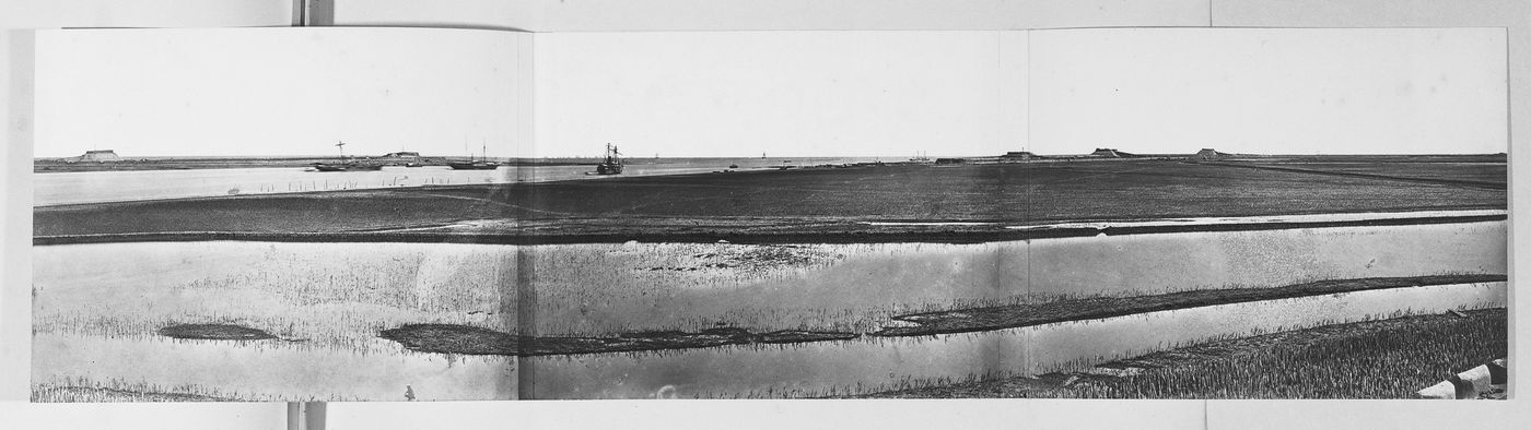 Panorama showing the Pei (now Hai) River delta, with the Lower North Taku Fort (also known as the 2nd North Fort) and the Great South Taku Fort in the background, Taku (now Dagu), near Tientsin (now Tianjin), China