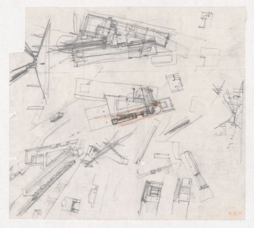 Sketch plans, perspectives, and details for Centro Galego de Arte Contemporânea, Santiago de Compostela, Spain