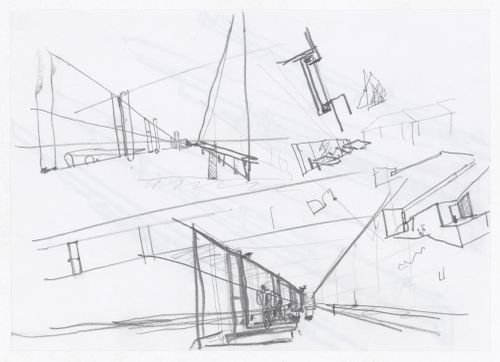 Sketch perspectives and details for Restaurante para a Piscina de Mares, Leça da Palmeira, Portugal; verso: Sketches for Restaurante para a Piscina de Mares, Leça da Palmeira, Portugal