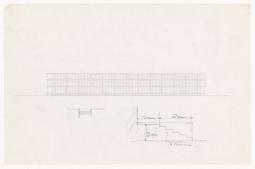 Elevation for a three storey building, with detail sketch for stairs and sketch plan for Illinois Institute of Technology