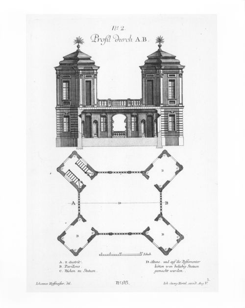 Second-floor plan and sectional elevation of a Garden Pleasure House