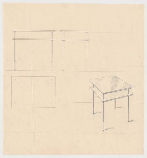 Elevations, plan, and perspective for a table