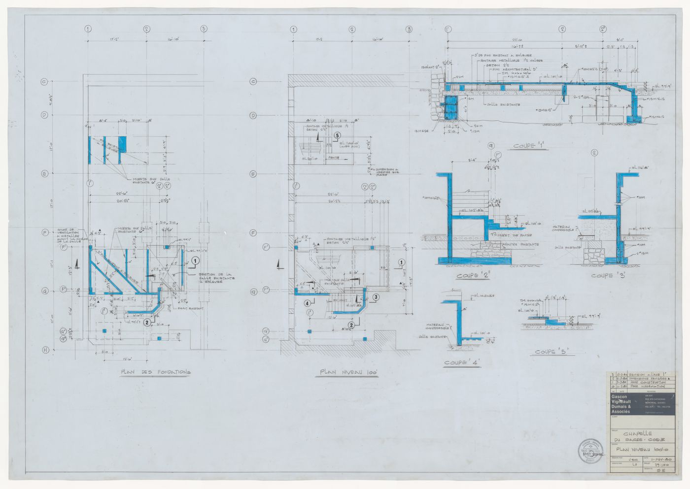 Plans and sections for the foundation for the reconstruction of the Chapelle du Sacré-Coeur, Notre-Dame de Montréal