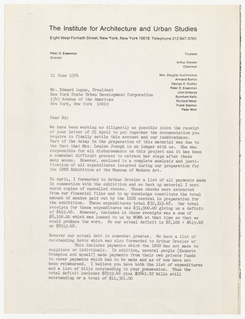 Letter from Peter D. Eisenman to Edward J. Logue about Low-Rise High-Density (LRHD) exhibition and catalog