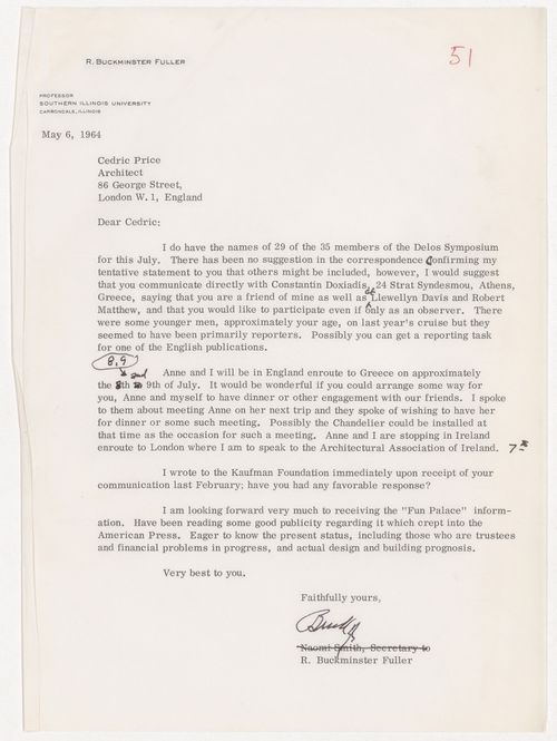 Letter from R. Buckminster Fuller to Cedric Price about the Delos Symposium