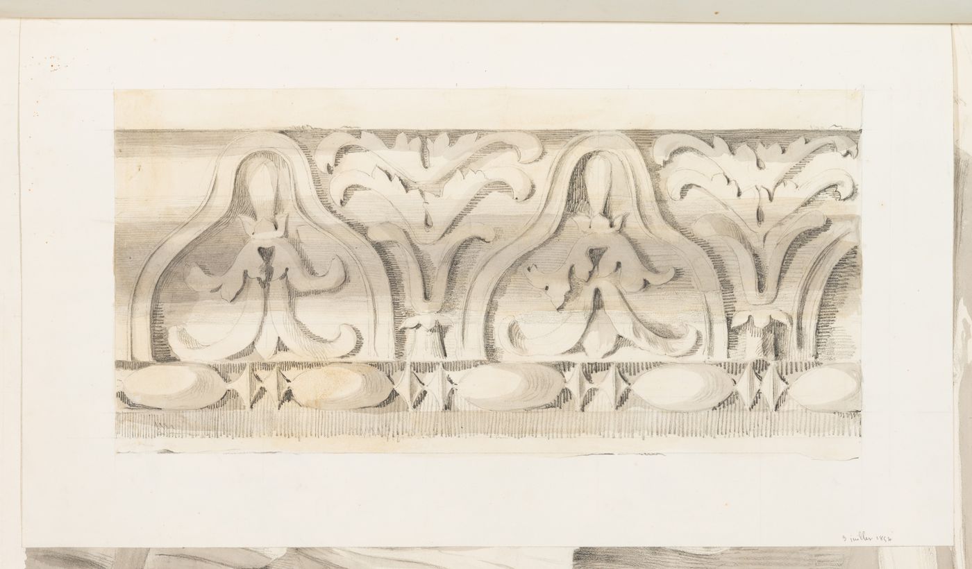 Detail of a cornice with bead and reel and acanthus ornament