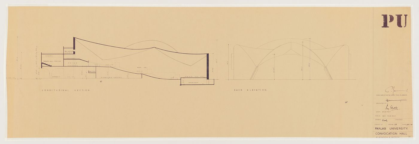 Convocation Hall, Punjab University, Chandigarh, India: section and elevation