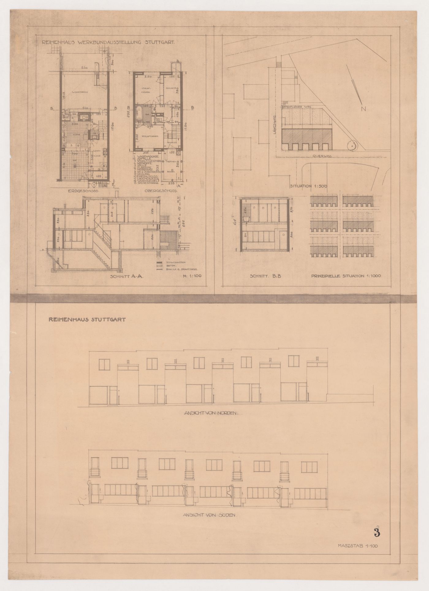 Site plans, plans, sections, and elevations for terraced housing, Weissenhofsiedlung, Stuttgart, Germany