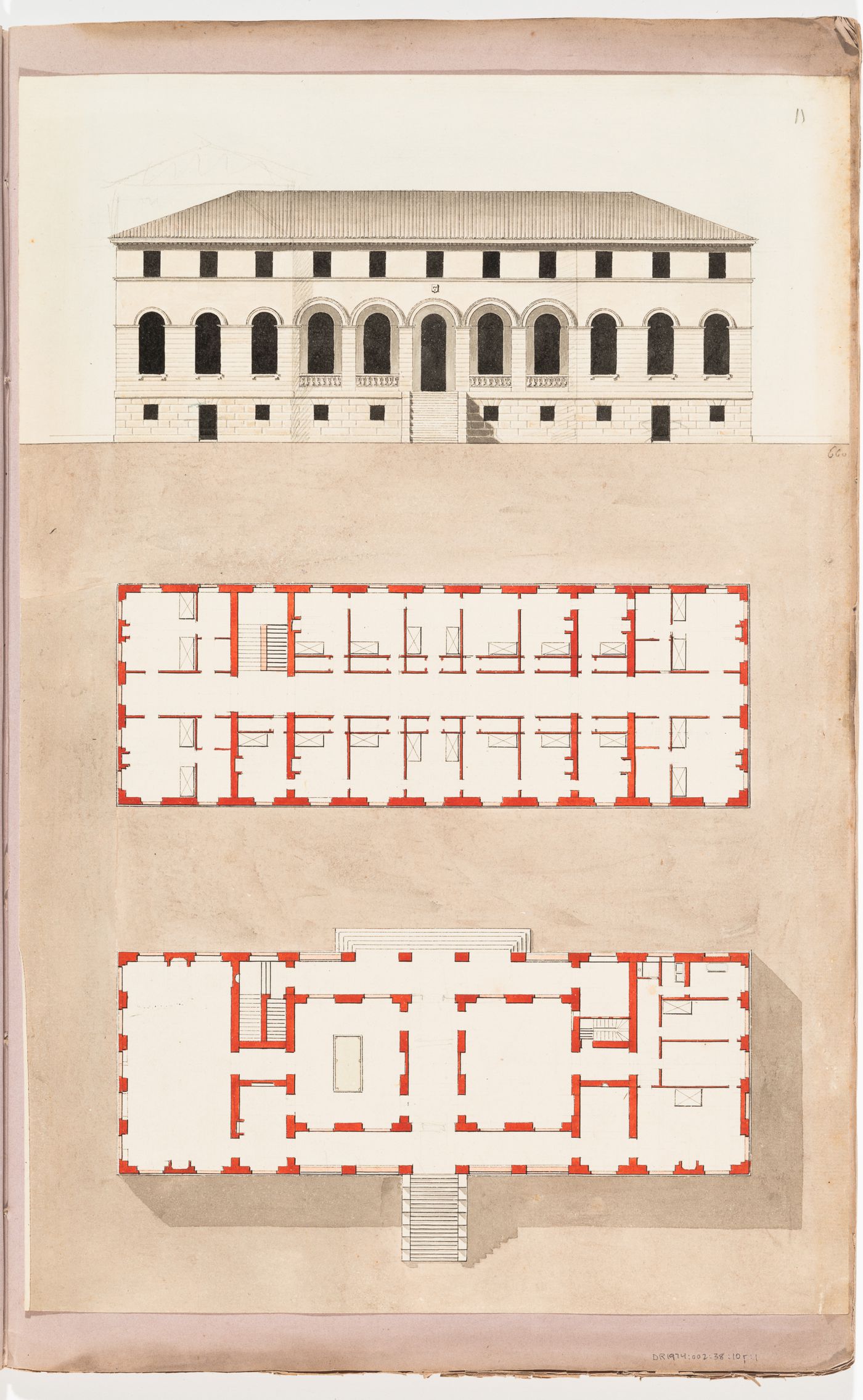 Elevation for the principal façade and plans for the ground and first floors for a country house; verso: Elevation for the principal façade for a country house
