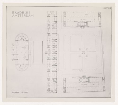 Photograph of a ground plan for J.J.P. Oud's competition entry for Amsterdam City Hall, Netherlands