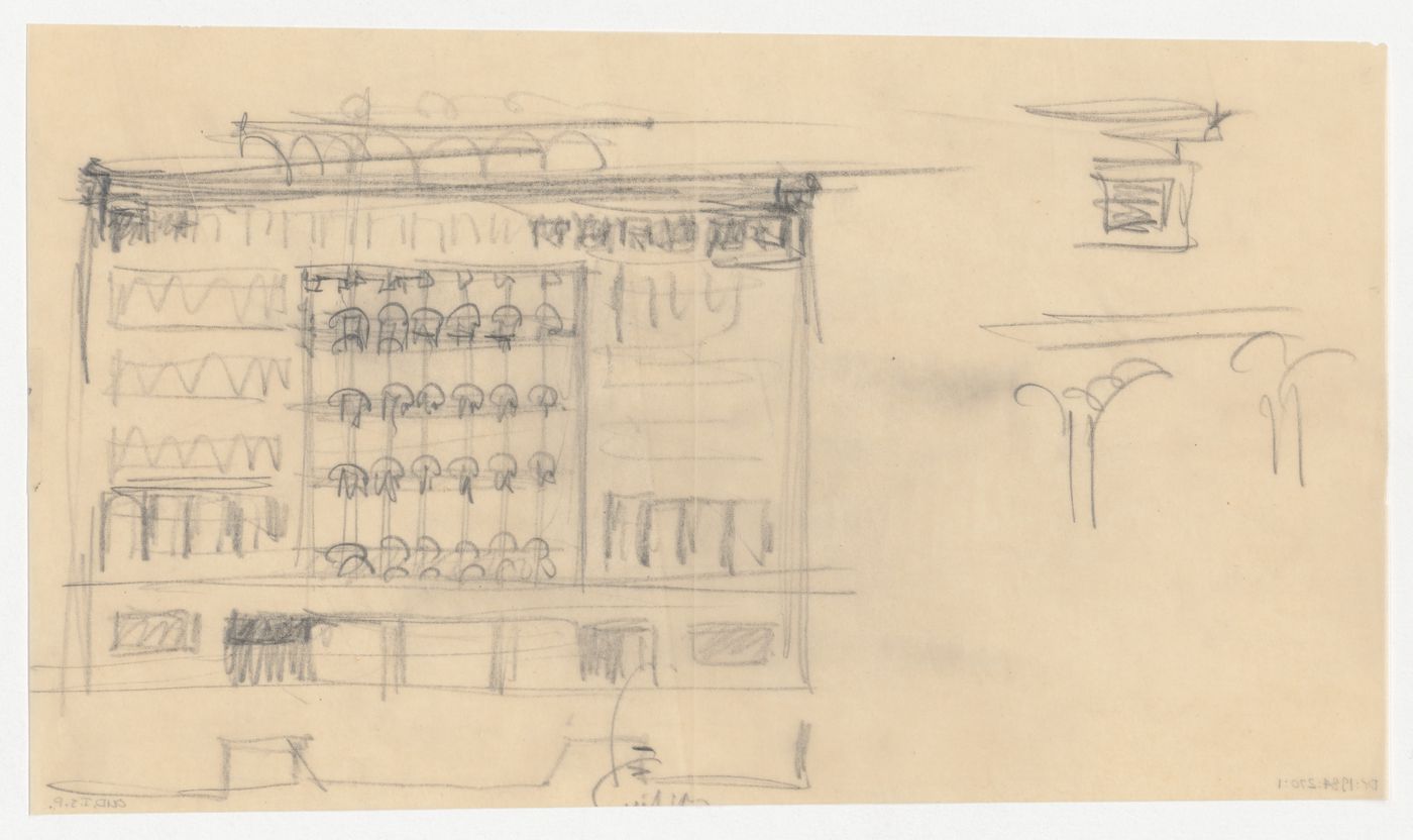 Sketch elevation for the principal façade and roof details for a model for a mixed-use development for the reconstruction of the Hofplein (city centre), Rotterdam, Netherlands