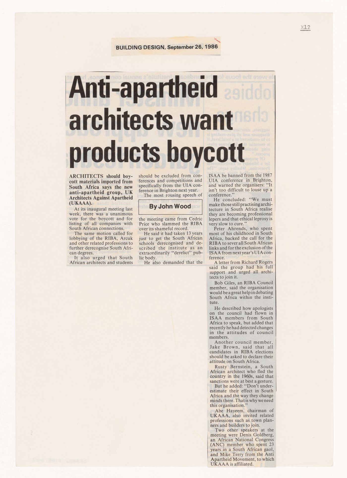 Newspaper clipping, "Anti-apartheid architects want products boycott"