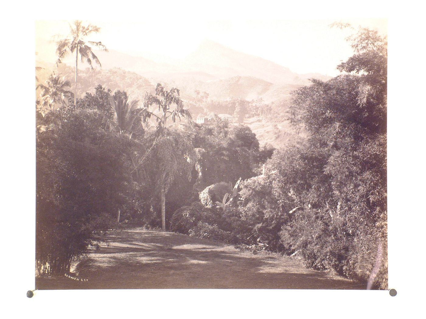 View of forests and mountains with the Hantana mountain range in the background and a clearing in the foreground, near Kandy, Ceylon (now Sri Lanka)